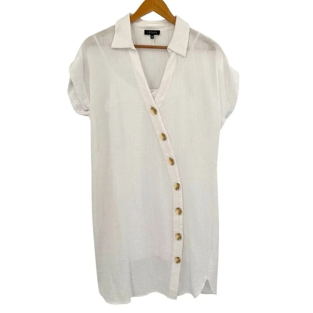 1.State white gauzy asymmetric buttons collared shirt dress size medium